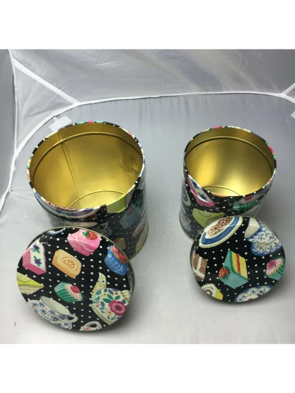 Vintage Department 56 Tea Party Nesting Set Cylinder Tins Polka Dot Cake Design